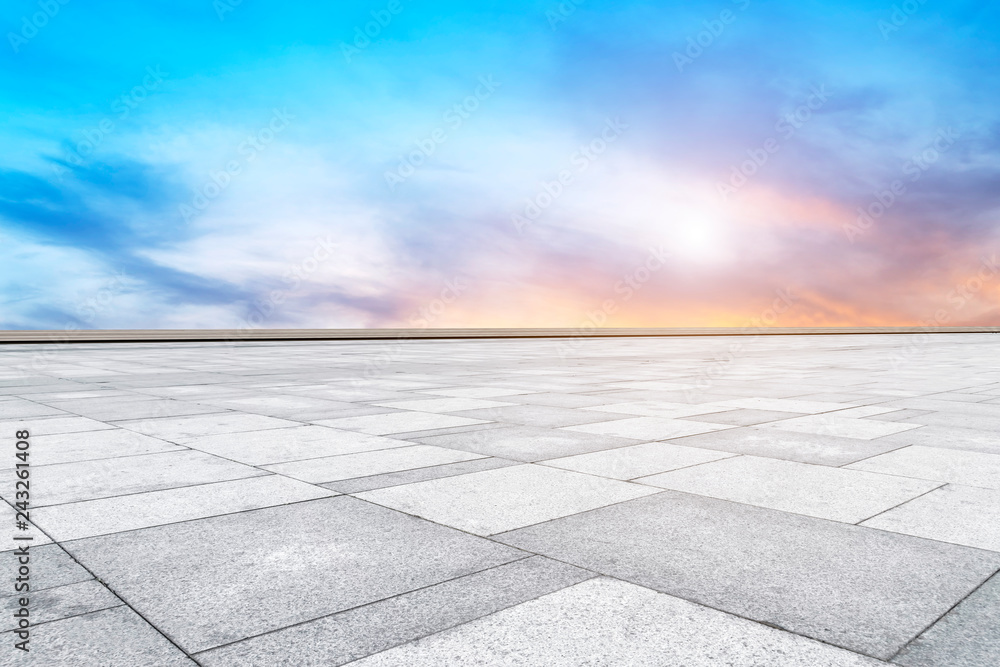 Empty square tiles and beautiful sky scenery Empty square tiles and beautiful sky scenery