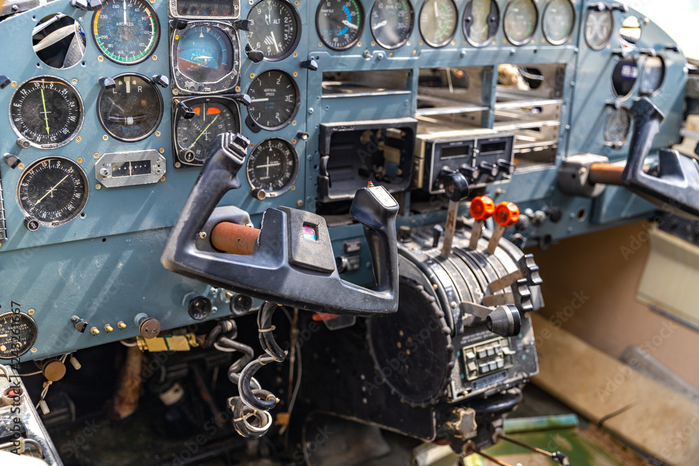 Wrecked and abandoned aircraft cockpit Wrecked and abandoned aircraft cockpit