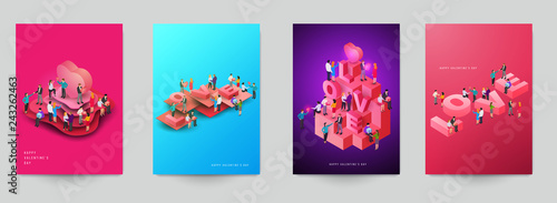 Happy valentine's day beautiful design template. Minimal composition in 3d isometric view. Set holiday background for branding greeting card, banner, cover, flyer or poster. Vector illustration.