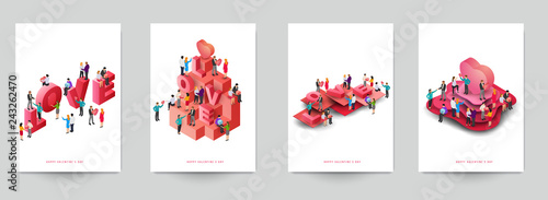 Happy valentine's day beautiful design template. Minimal composition in 3d isometric view. Set holiday background for branding greeting card, banner, cover, flyer or poster. Vector illustration.