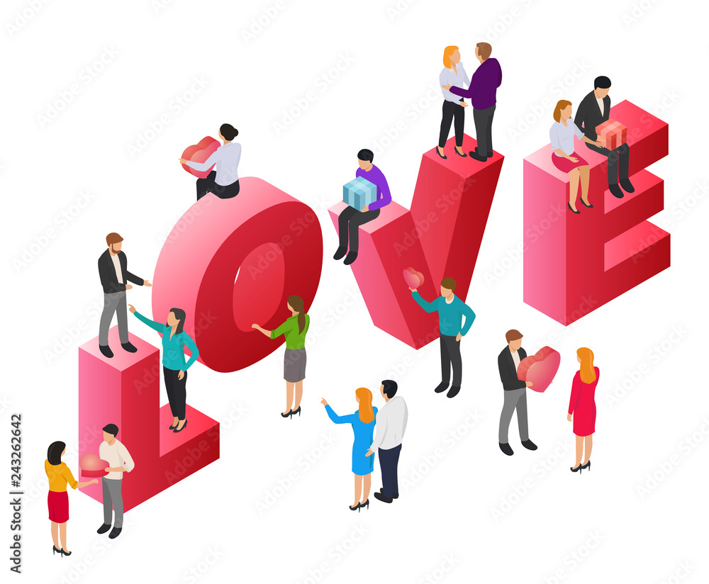 3d composition of loving couples, families or young peoples with big letter love isolated on white background in isometric view. Design inspiration for valentines day. Abstract vector illustration. 3d composition of loving couples, families or young peoples with big letter love isolated on white background in isometric view. Design inspiration for valentines day. Abstract vector illustration.