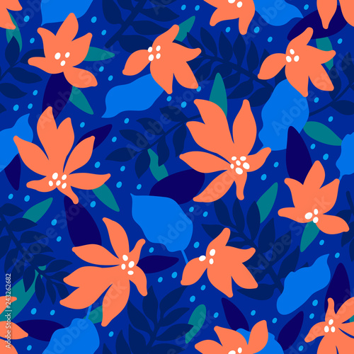 Seamless Floral Pattern. Fashion textile pattern with decorative tropical lea...