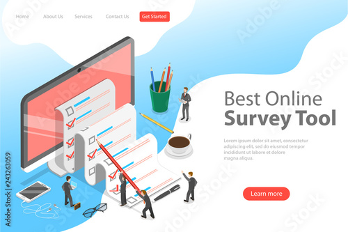 Flat isometric vector landing page template of online survey tool, customer review, feedback service, customer satisfaction.