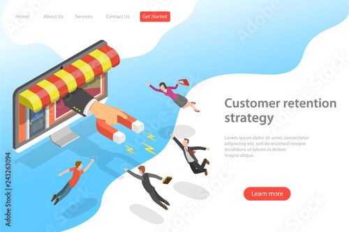 Flat isometric vector landing page template for customer retention strategy, client attracting, support and satisfaction.