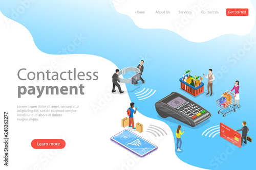 Flat isometric vector landing page template of contactless, wireless, cashless payment, NFC