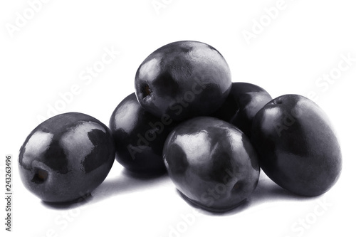 Delicious black olives, isolated on white background