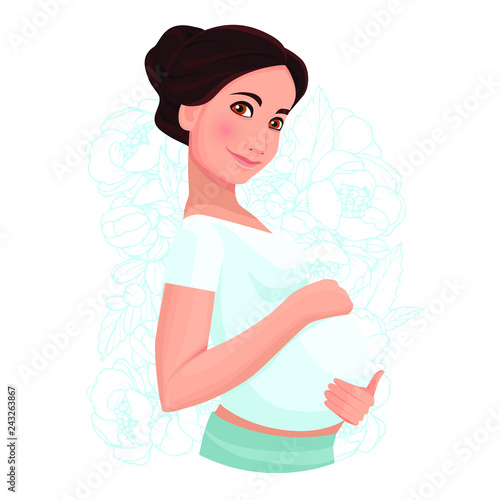 Pregnant woman  isolated on white. Vector illustration. Cute pregnant woman caressing her belly