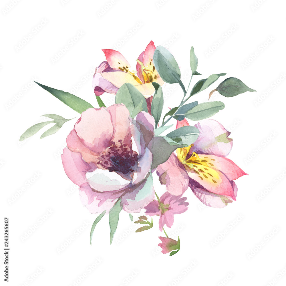 Watercolor Bouquet of peony and blosom flowers isolate in white background for wedding, invitation, valentine cards and prints Watercolor Bouquet of peony and blosom flowers isolate in white background for wedding, invitation, valentine cards and prints