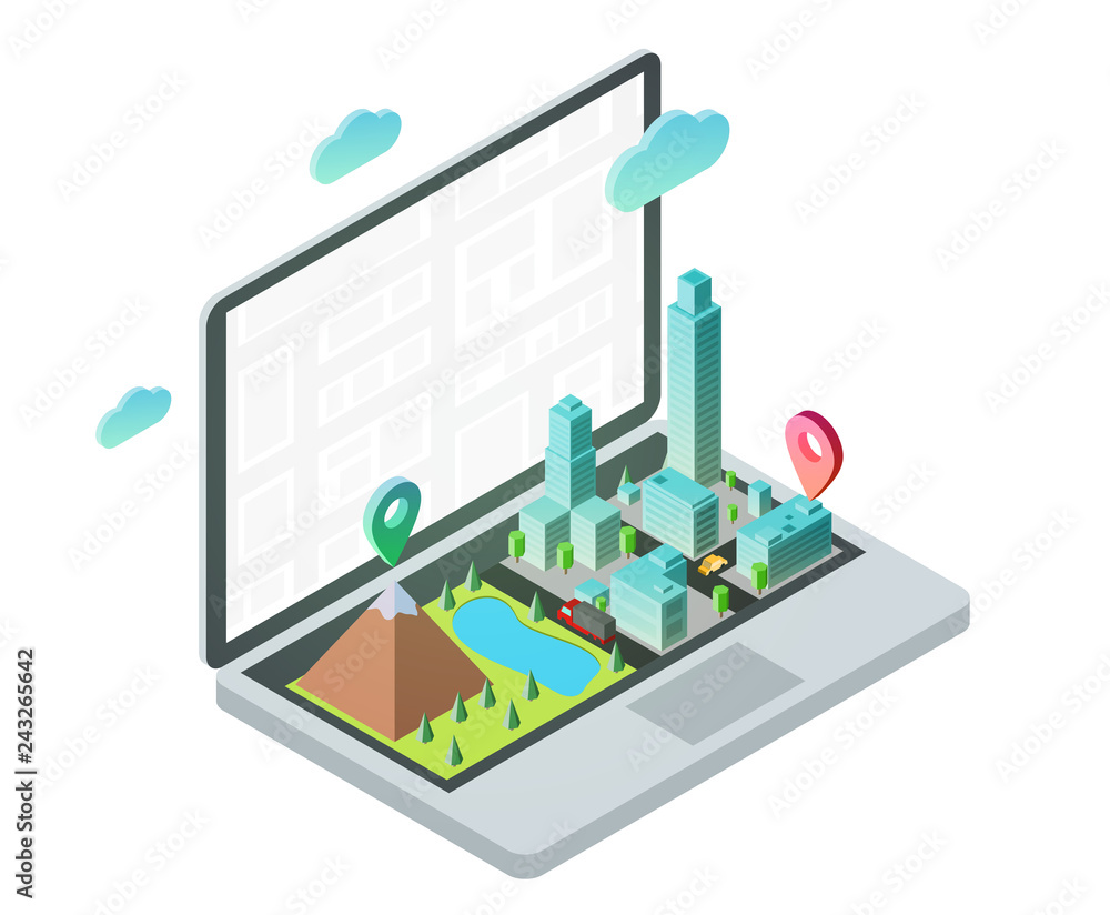 3d isometric laptop with smart city map. Design concept for mobile gps or tracking navigation application. Vector infographic template. 3d isometric laptop with smart city map. Design concept for mobile gps or tracking navigation application. Vector infographic template.