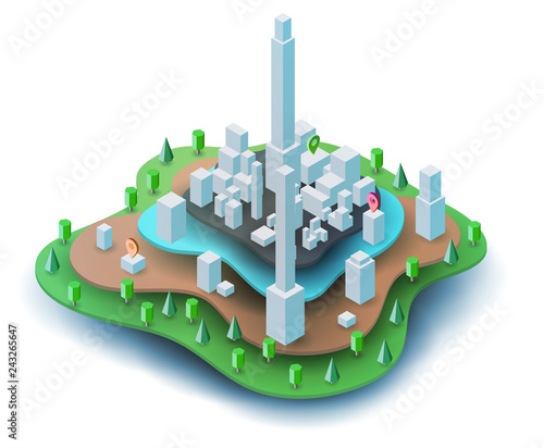 Abstract 3d isometric city map with clean white buildings on layers landscape or island. Modern minimalistic concept for infographics, mobile gps or navigation application. Vector illustration.