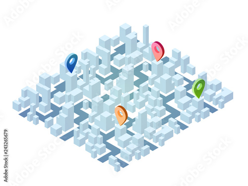 Abstract 3d isometric city map with clean white buildings silhouettes and geo tag pin. Modern minimalistic concept for infographics, mobile gps or tracking navigation application. Vector illustration.