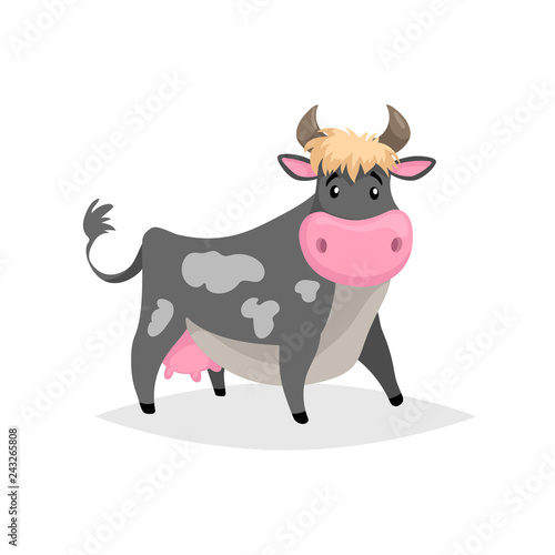 Cartoon black spotted cow. Farm funny animal isolated on white background. Flat trendy style. Vector illustration.