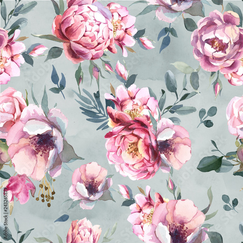 Watercolor seamless pattern of peony and blosom flowers on gray splash background for wedding, invitation, valentine cards and prints