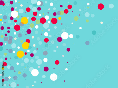 Flying multicolored confetti on a blue background. Red, pink, blue, yellow circles.