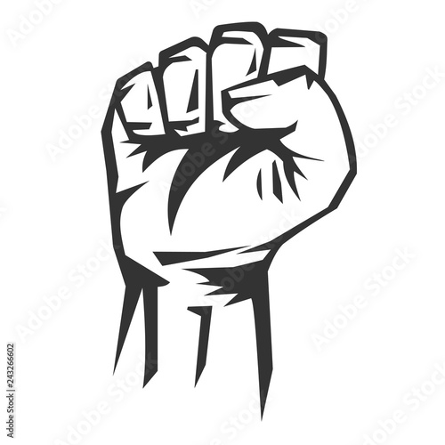 Vector hand drawn silhouette of male rising fist isolated on white background. Template for icon, symbol, logo or other branding. Modern retro illustration.