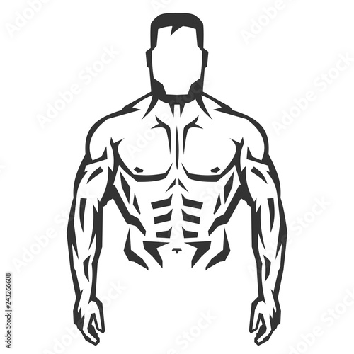 Vector hand drawn silhouette of bodybuilder isolated on white background. Template for sport icon, symbol, logo or other branding. Modern retro illustration.