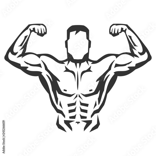 Vector hand drawn silhouette of bodybuilder isolated on white background. Template for sport icon, symbol, logo or other branding. Modern retro illustration.