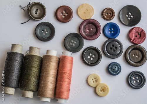 Buttons on white background. Thread on white background.