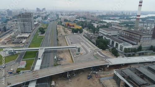 Construction of the overpass through the Moscow Central Ring. Aerial video shooting.