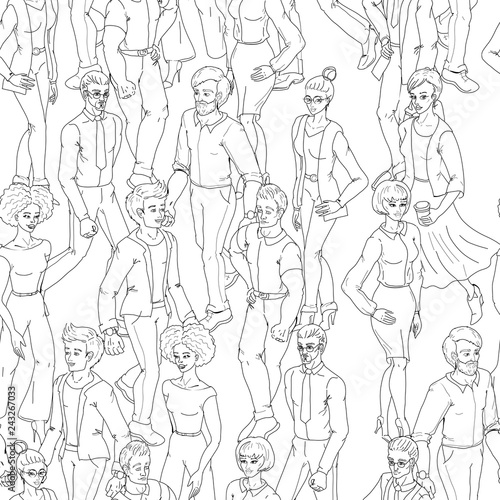Seamless pattern with business people walking. Sketch style illustration with men and woman.