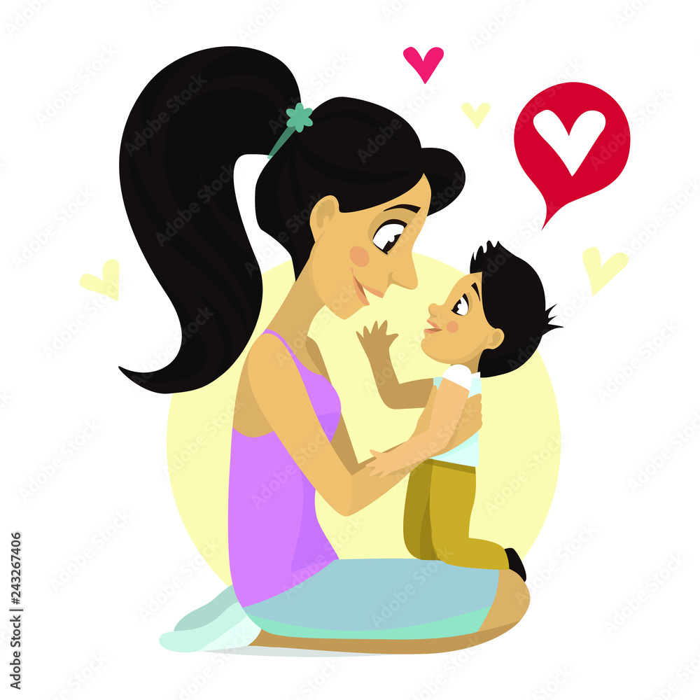 Mother's love. Mom's hug. Mom and son.Vector illustration. Card on Mother's Day Mother's love. Mom's hug. Mom and son.Vector illustration. Card on Mother's Day