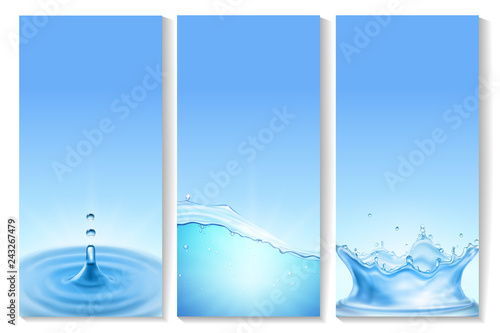 Vetical transparent water wave banners with bubbles flows and drops of crystal clear water of light blue color. Freshness consept
