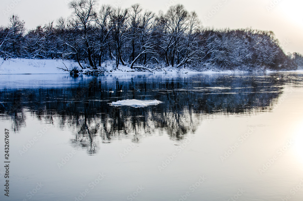 Fototapeta premium The floe floats down the river. Winter nature