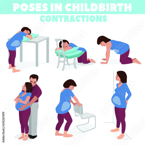 Poses in childbirth. Birth pains. Relief of labor pains. Vector illustration.
