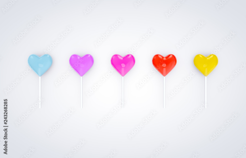 3d rendering. Sweet Valentine's day heart shape lollipop candy on white isolated background. Love Concept. top view. Minimalism colorful hipster style.
