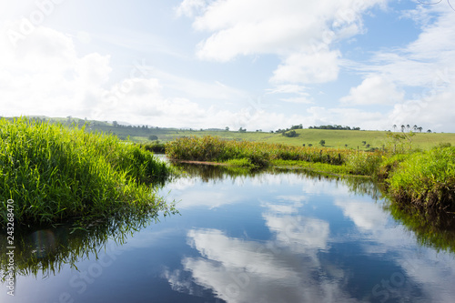 landscape with lake and blue sky