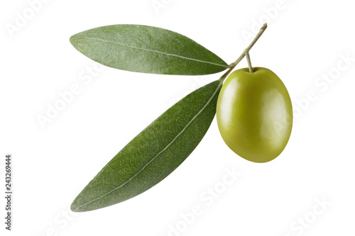 Single green olive with leaves, isolated on white background