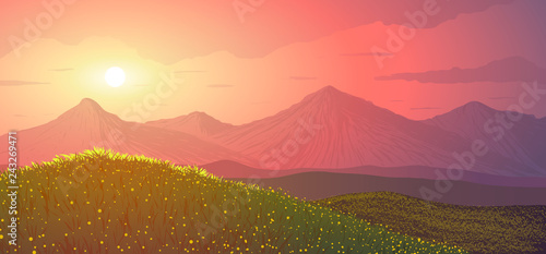 Spring landscape in vector. Meadow with flowers on background of mountains on sunset. 