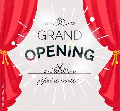 Ribbon-cutting ceremony poster with  red curtains. Vector illustration