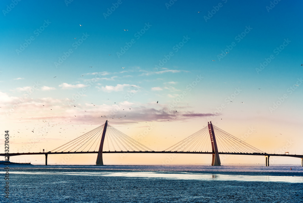 Fototapeta premium Cable-stayed bridge over the sea Bay