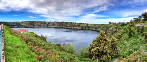 Aerial panoramic view of Blue Lake in Mt Gambier, South Australia