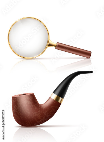 Vintage magnifying glass with golden frame and wooden handle, retro smoking tobacco pipe 3d realistic vector icon isolated on white background. Detectives attributes or accessories illustrations set