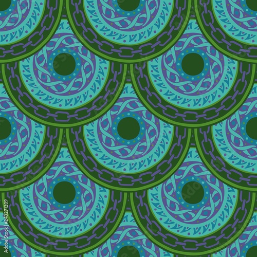 Africa tribal tattoo scale design with chain seamless pattern background white violet blue and green tone 