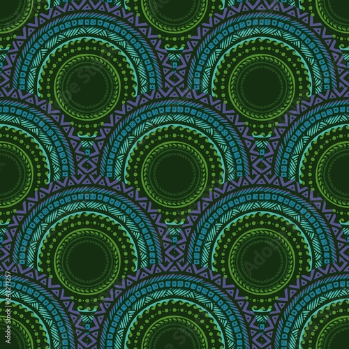 Africa tribal tattoo scale design with chain seamless pattern background white violet blue and green tone 
