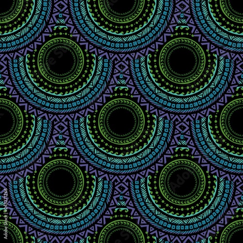 Africa tribal tattoo scale design with chain seamless pattern background white violet blue and green tone 