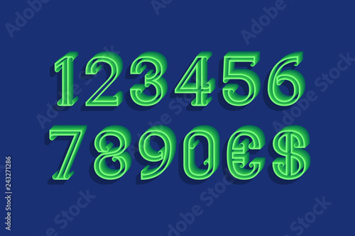 Curly volume numbers with currency signs in 3d vintage style.