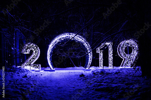 New year decoration, Closeup on 2019, outdoor garland