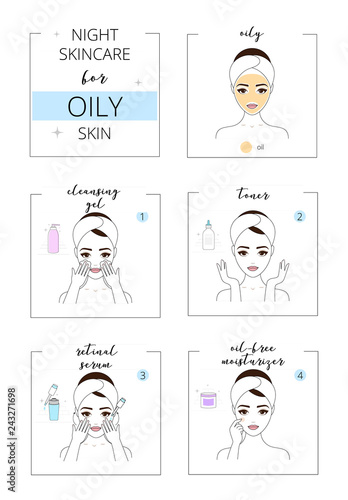Beautiful girl with oily skin, face night care for acne skin. Line style vector illustration, isolated on white background.