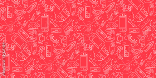 Video game controller background Gadgets seamless pattern Colored Living Coral