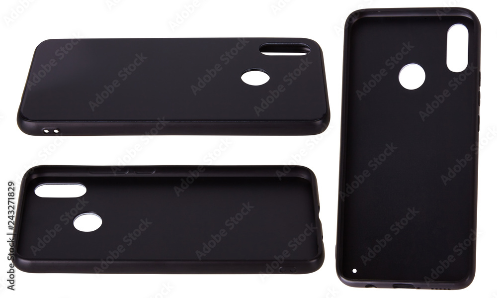 Plastic black case for smartphone isolated on white background. Set of blank smartphone case. Plastic black case for smartphone isolated on white background. Set of blank smartphone case.