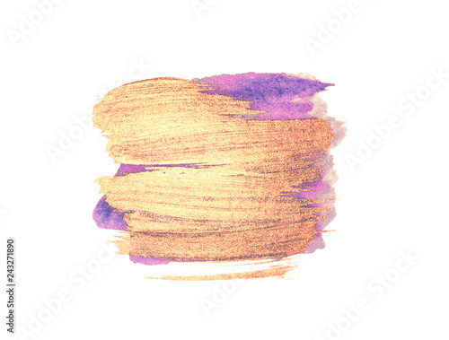 Abstract golden and purple watercolor stains on white background for your design