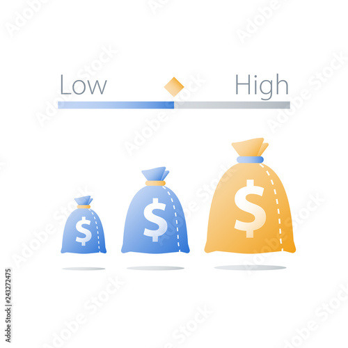 Small or big money bag, interest rate, low or high investment risk comparison, hedge fund, safe or insecure asset allocation