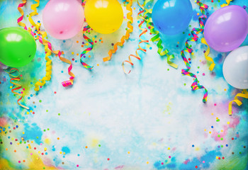Festival, carnival or birthday party frame with balloons, streamers and confetti