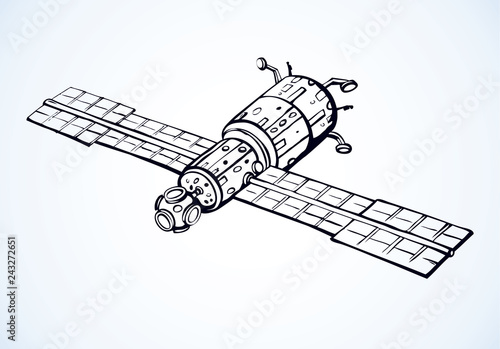 Satellite with dish antenna. Vector doodle sketch