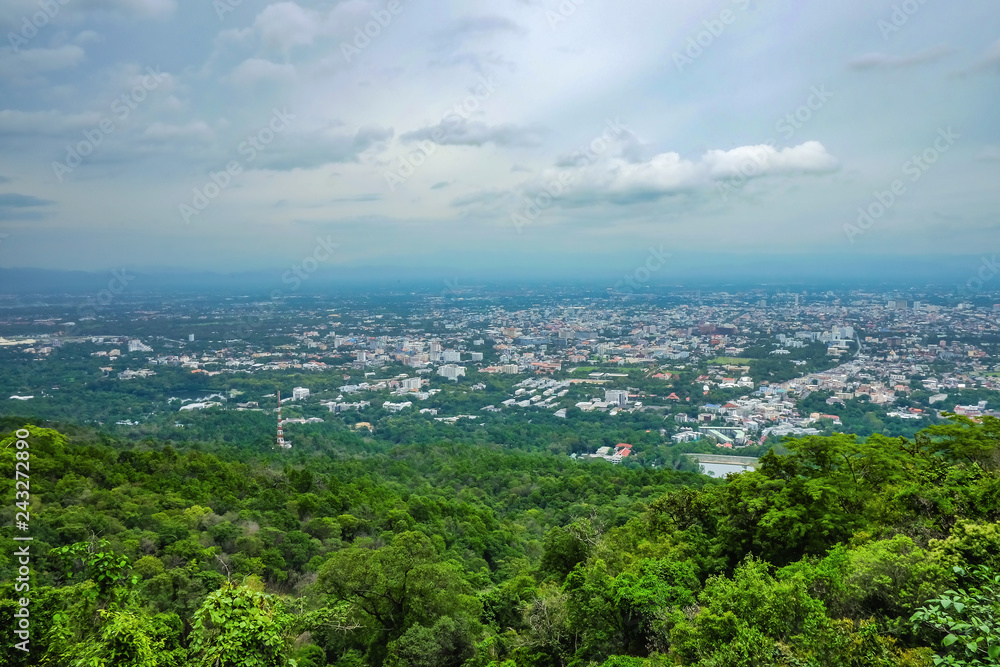 Beautiful Cityscape View of Chiang mai city on Doi Suthep Mountain in day time at chiang mai City Thailand