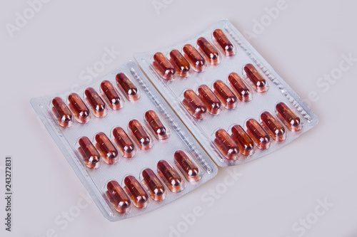 Krill oil capsules in blister pack isolated on white background